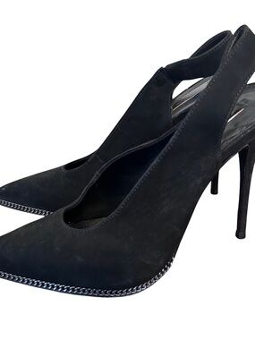 SCHUTZ Black Pointed Slingback High Heels Chain Accent Stiletto Size 8